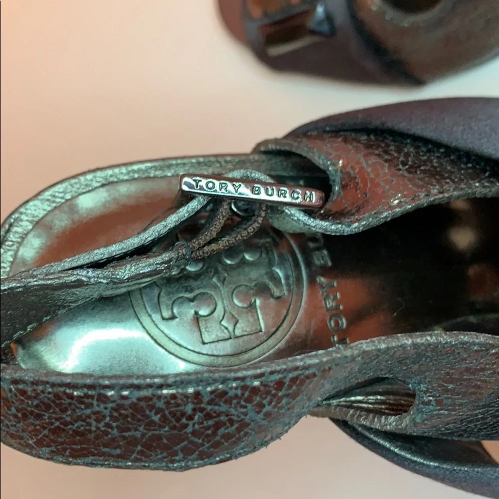 Tory Burch Bronze and Black Jeweled Slingback Heels